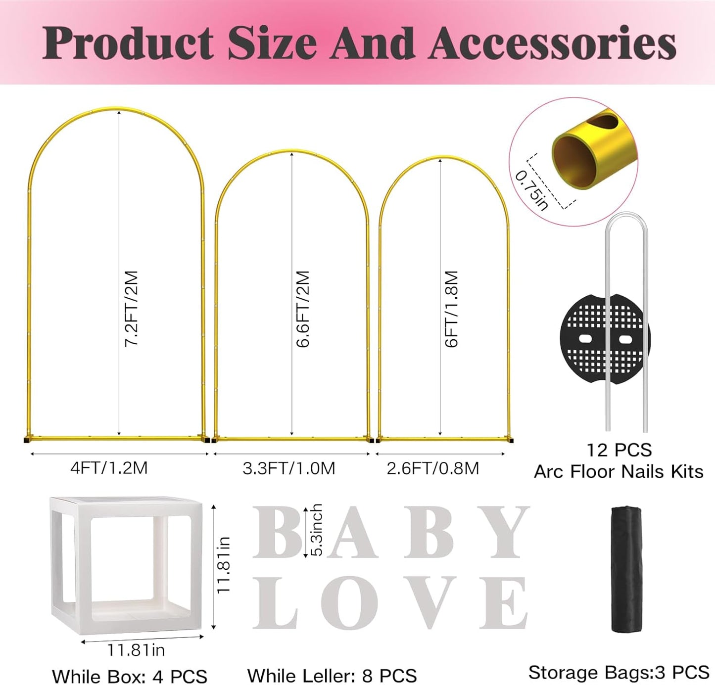 Metal Arch Backdrop Stand ,Set of 3 (7.2 ft/6.6 ft/6 ft) Square Wedding Arch Frame ，Gold Balloon Arch Stand for Wedding/ Birthday Party/ Baby Shower/ Graduation Ceremony Banquet Decoration