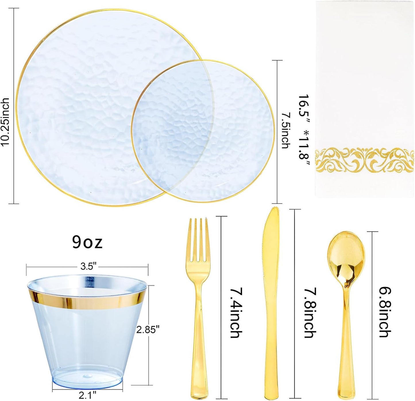 Rubtlamp 175 Pcs Plastic Dinnerware Set (25 Guests), Blue Disposable Plates With Gold Rim, Hammered Party Plates Set Include Dinner Platos, Dessert Platos, Cups, Cutlery And Napkins for Party