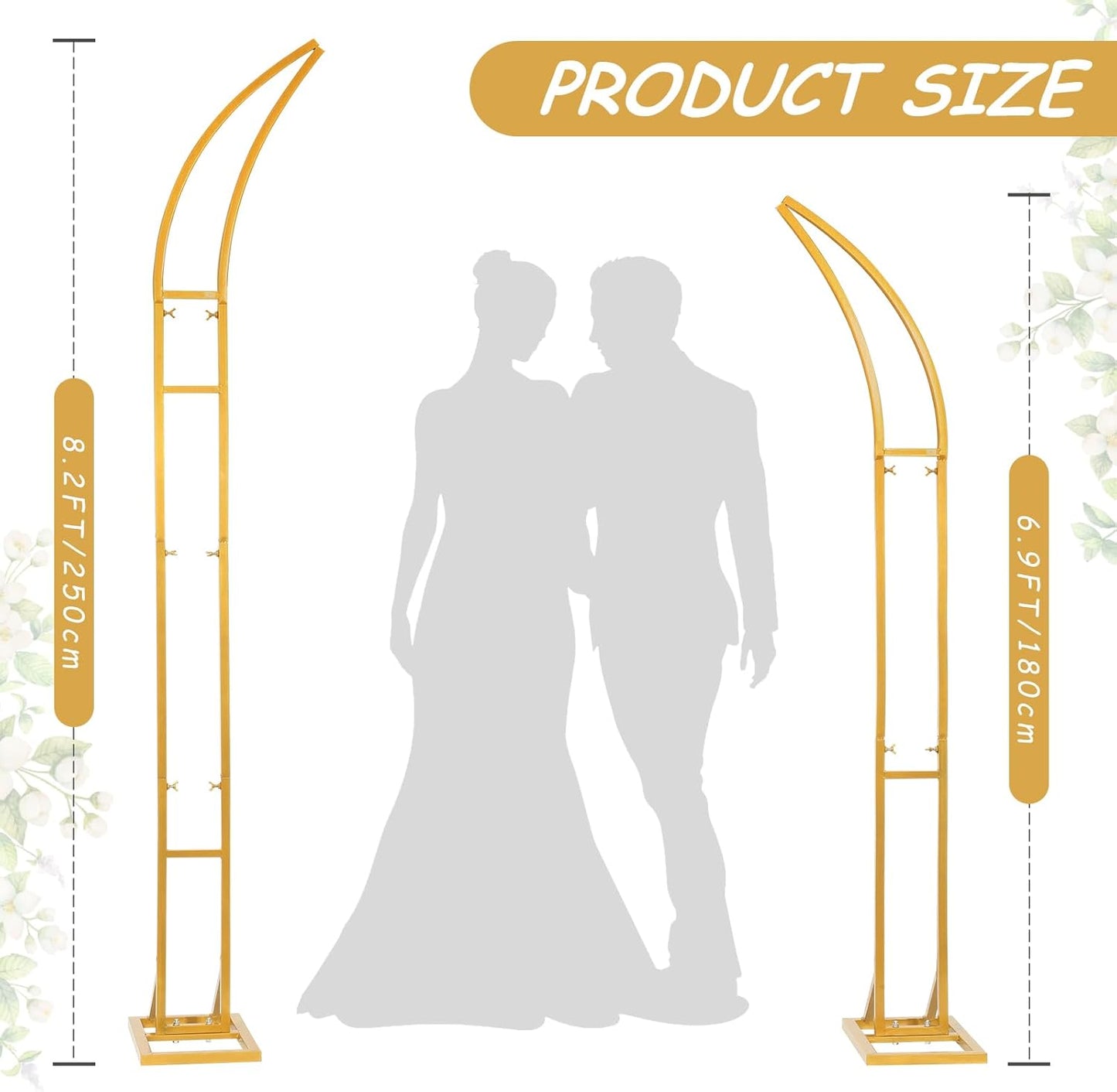 Wedding Arch Stand - 2pcs Large 8.2&6.9Ft Balloon floral Arch Stand Half Arch Flower Frame Photography Backdrop stand, Metal Heavy Firm Base for Bridal & Ceremony Baby Shower Birthday Party Decor,Gold