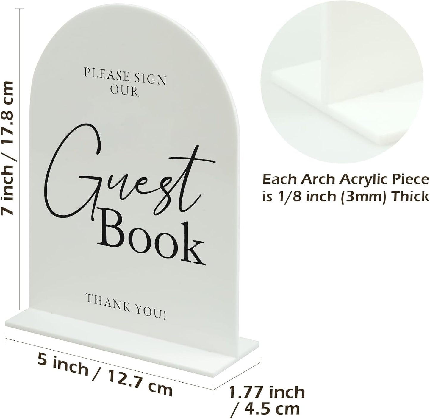 White Arch Acrylic Wedding Sign- 5"x7" Guest Book Sign and Base,1/8" Thick | Modern Calligraphy Arched Acrylic Table Sign for Wedding & Event Party