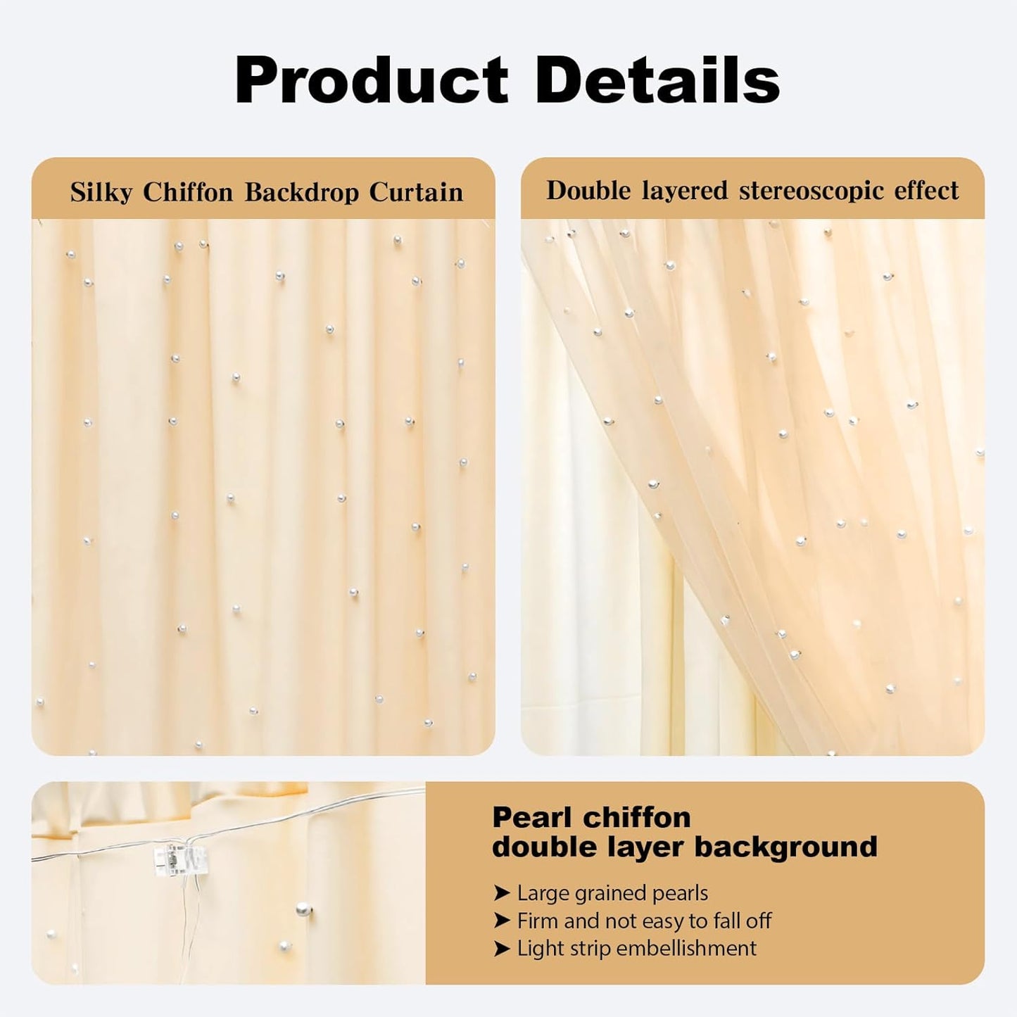 10 * 8FT Beige Pearl Tulle Double Layered Backdrop Curtain with Lights String and Lining Fabric for Wedding Baby Shower Birthday Parites Photo Decorations