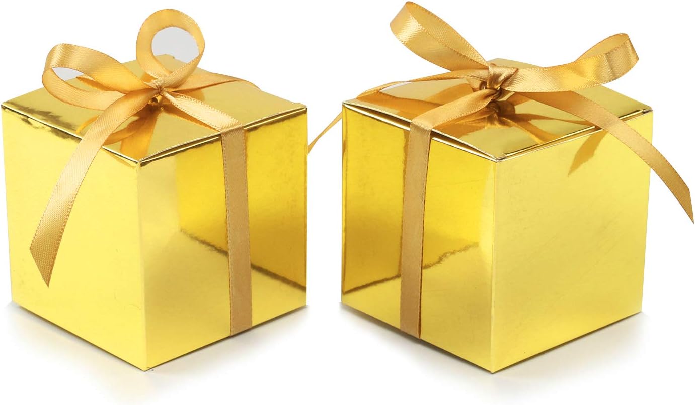 COTOPHER 100pcs Wedding Favor Boxes, Paper Gift Boxes 3x3x3 Inches Small Gift Boxes with Ribbons Small Boxes for Gifts, Crafting, Cupcake, Candy, Bridesmaid Proposal Boxes (Metallic Gold)