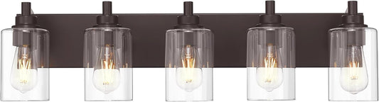 5-Light Bathroom Light Fixtures, 30 Inch Oil Rubbed Bronze Vanity Lights with Cylinder Clear Glass Shade, Modern Vanity Lighting Fixtures Over Mirror, VL143-ORB-5