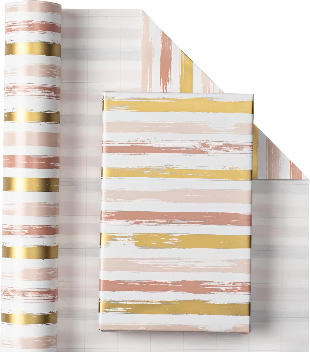 WRAPAHOLIC Reversible Pink Wrapping Paper - Mini Roll - 17 Inch X 33 Feet - Pink Gold Lines and Solid Pink Design for Girls Birthday, Baby Shower, Wedding, Bridal Shower