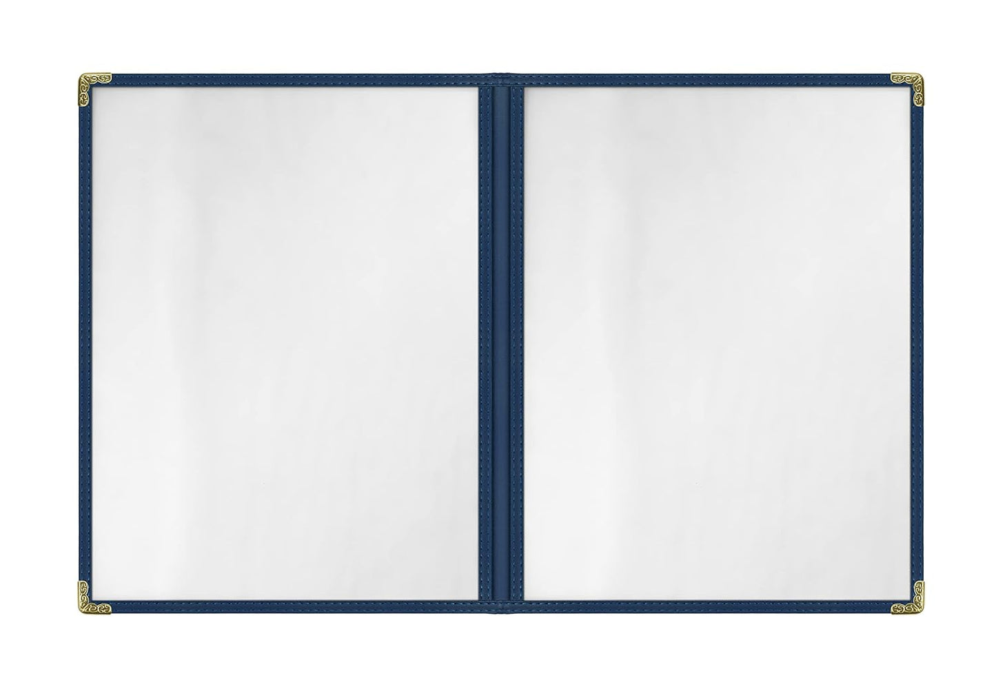 Goodsmart Restaurant Menu Covers - 25 Pack Blue 8.5" x 11", 2-Page/4-View, Side-Loading Vinyl Menu Holders, Clear Sleeves, Double-Stitched Edge, Leather-Style Café Menu Covers with Gold Corners