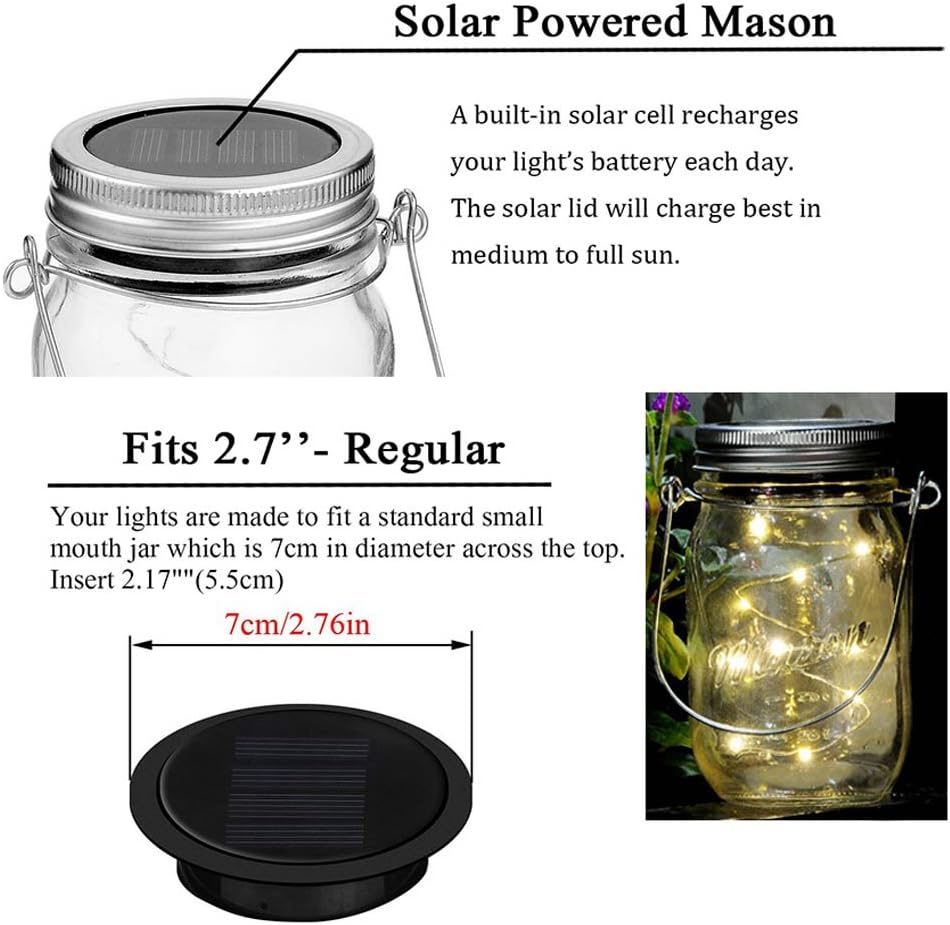 Miaro Solar Mason Jar Lights with Hanger, 6 Pack 10 LED Waterproof Warm White Fairy String Lights(NO Jars) - Perfect for Garden, Deck, Patio, Party, Wedding and Christmas Decorative Lighting