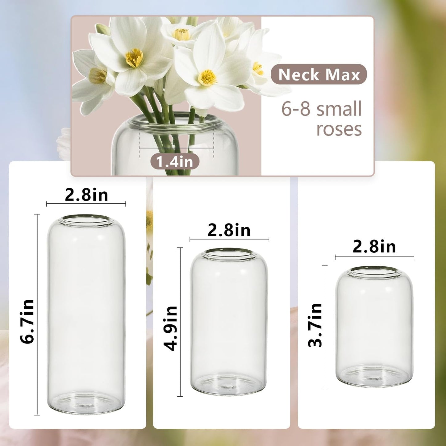 Glass Bud Vases Set of 6 Clear Flower Vase for Centerpieces Shelf, 3.9'' 4.9'' 6.7'' Modern Small Vases for Living Room Bedroom Office Home, Decor for Wedding House Warming Party