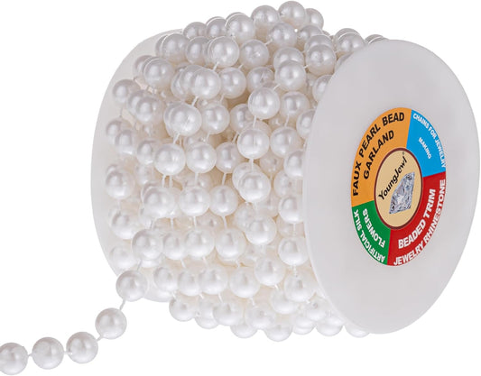10mm Pearl Strands,9 Yds of White Fake Beads Garland Spool Roll with String Pearls for Crafting,Wedding Party,Christmas Tree Decoration.
