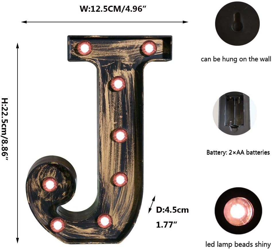 OYCBUZO Golden Black Led Marquee Letter - Industrial, Vintage Style Light Up Alphabet Letter Sign for Cafe Wedding Birthday Party Christmas Lamp Home Bar Initials Decor - J