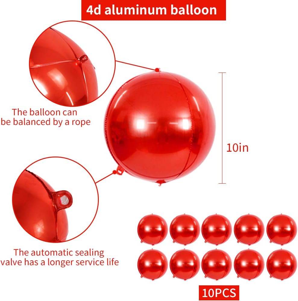 10 pcs Red 4D balloon, 10 inch Foil Mylar Sphere Balloon for Birthday Party,Wedding,Valentine's Day, Christmas,Baby Shower Decoration Supplies