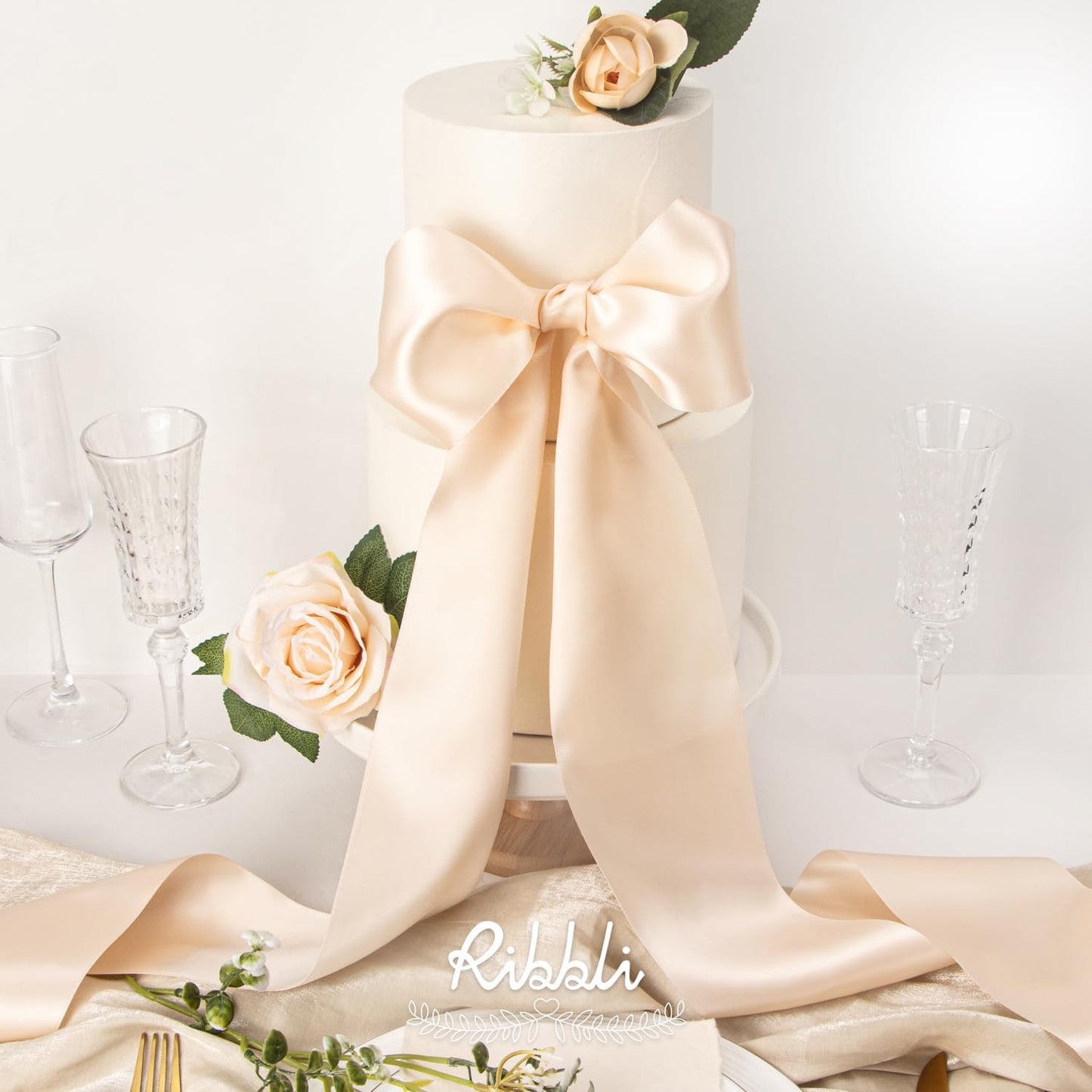 Ribbli Champagne Pink Satin Ribbon 4 Inch Wide Champagne Ribbon for Wedding Chair Sash Grand Opening Ceremony Big Bows Gift Wrapping Floral Crafts Cake Decor-Double Faced Satin Continuous 10 Yards