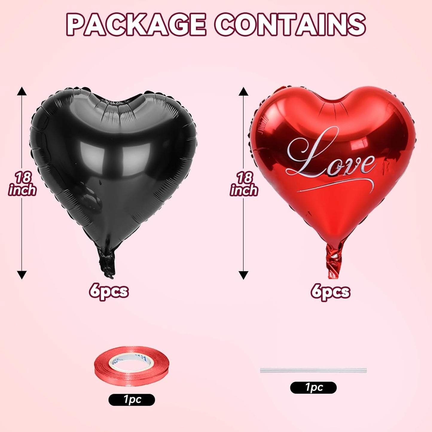 12 Pcs Heart Balloons, 18 inch Valentine's Day Balloons, Red Black Heart Foil Helium Balloon, Love Printed Foil Balloon for Valentine's Day Wedding Baby Shower Anniversary Party Decorations