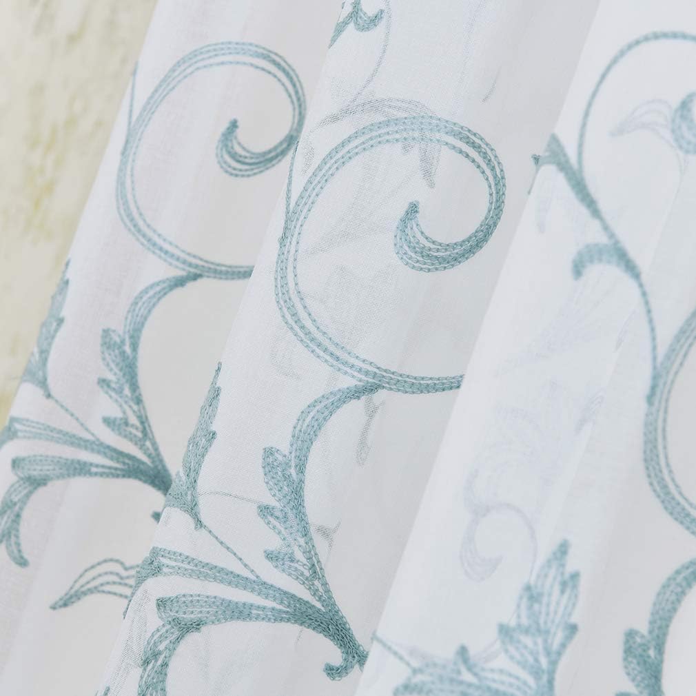 Embroidered Floral Sheer Curtains Blue 63 Inch , Rod Pocket Voile Drapes for Living room, Bedroom, Vintage Embroidery Semi Crinkle Curtain Panels for Yard, Patio, Villa, Parlor, Set of 2, 52"x 63".