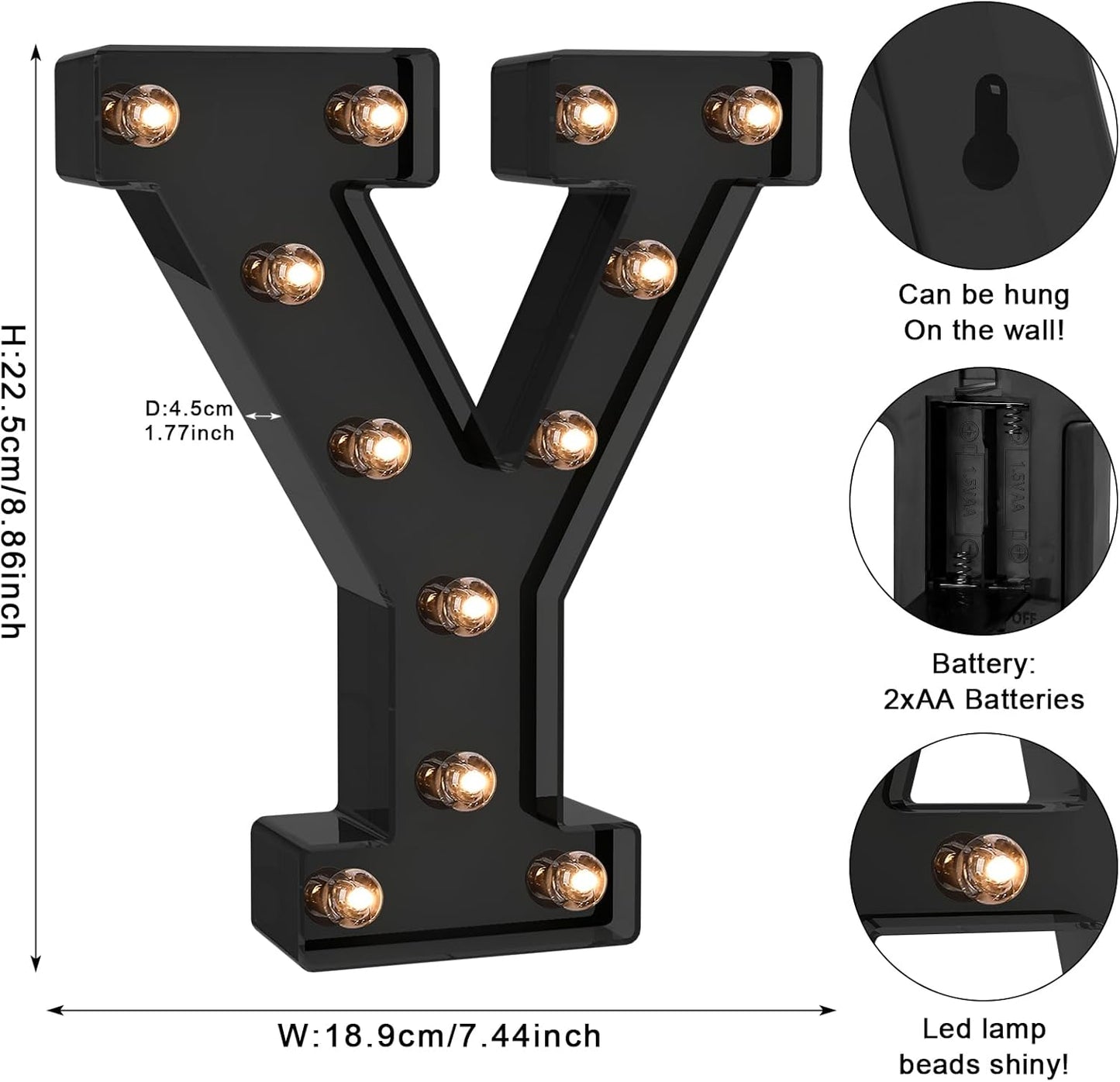Foaky Black LED Letter Lights for Room Decor - Bedroom Wall Decor, Alphabet Lights for Home, Wedding, Party - Battery Operated （Y）