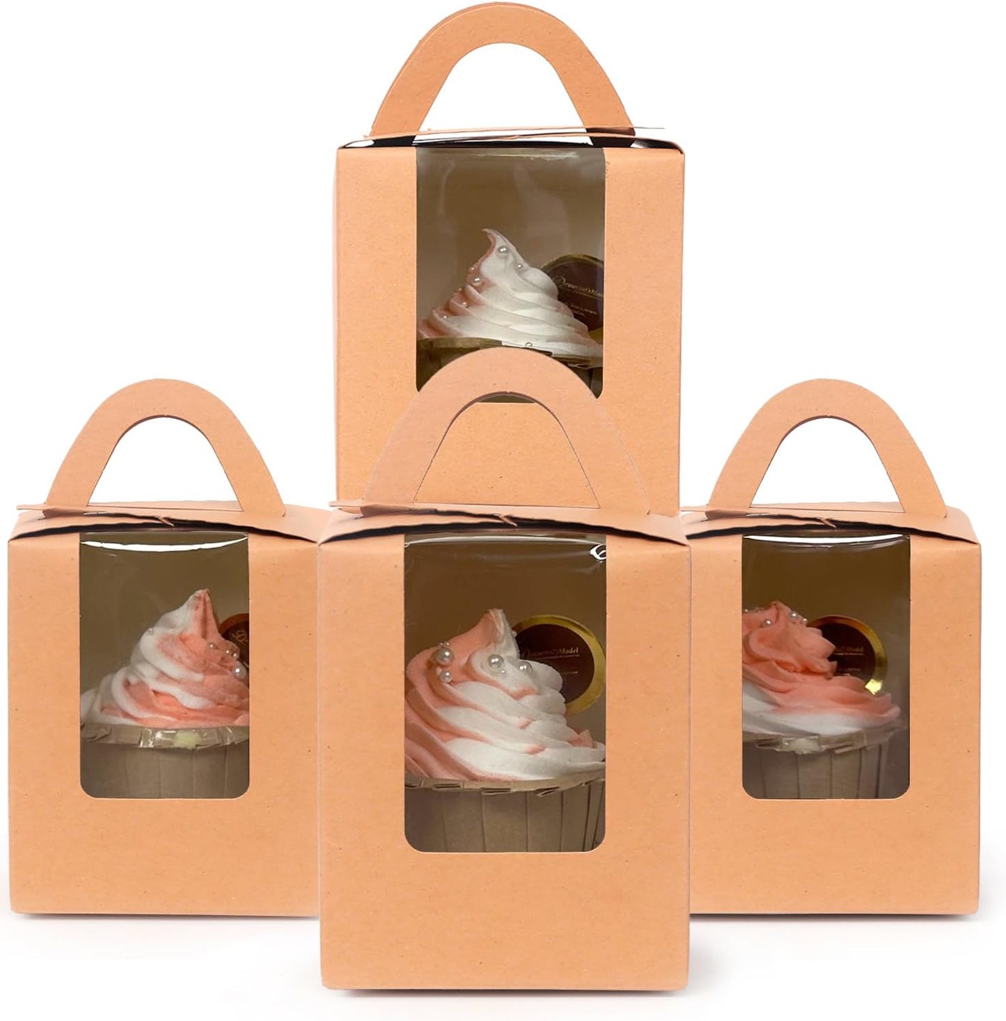Bakepacker Auto-pop up Individual Cupcake Boxes with Window 25 Count Brown Single Cupcakes Box 3.6 x 3.6 x 4.3inch Cupcake Carrier