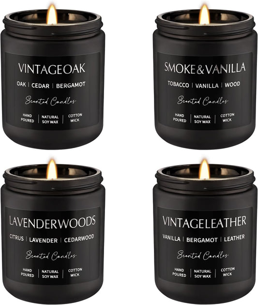 Scented Candles Gift Set - 4 Pack (7oz Each) Soy Wax Aromatherapy Candles with Essential Oils, Smokeless - Leather & Smoke, Vanilla Oakmoss, Lavender for Office, Gifts