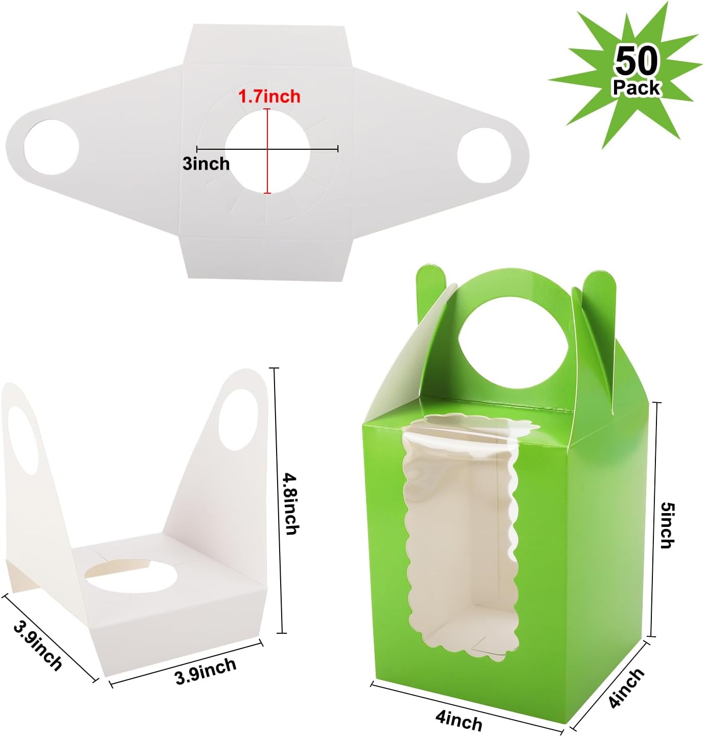 Individual Cupcake Boxes 4x4x5 Inches Disposable Pastry Tray Boxes, With Window Insert and Handle, Perfect for Parties, Birthdays, Bakery Wrapping and Events Containers (Green-50Pack)