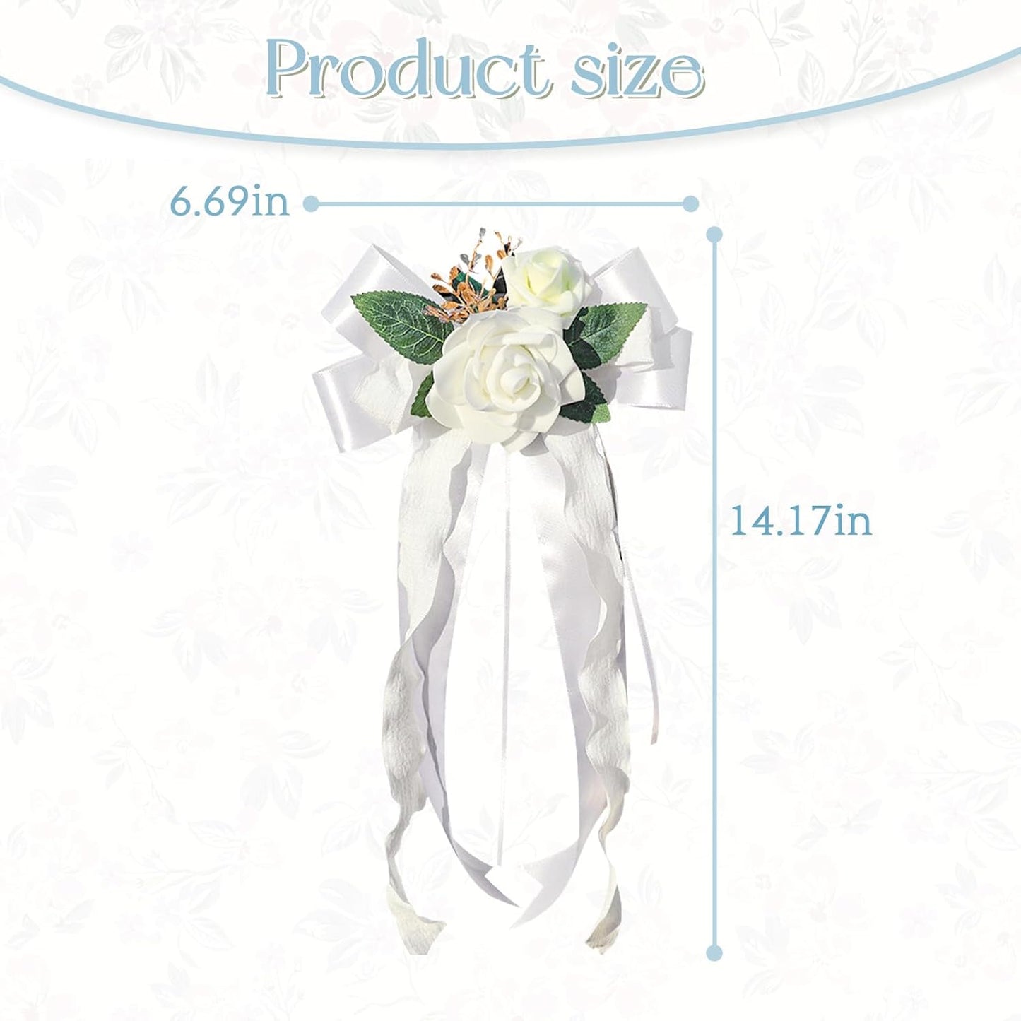 4PCS Wedding Car Door Handle Decorative Flowers, White Artificial Cars Bouquet Flower Bowknot Ribbon Decor, Just Married Automotive Decorations Accessories for Door Handles