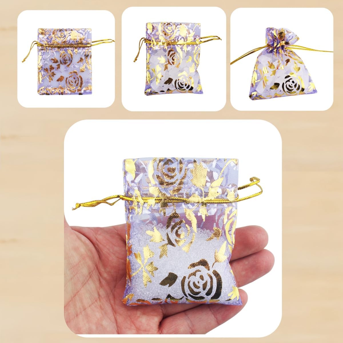 QIANHAILIZZ 100 Pack 2.8 x 3.5 Inch Flower Heart Organza Jewelry Gift Pouch Candy Pouch Drawstring Wedding Favor Bags B511S (lilac gold flower)