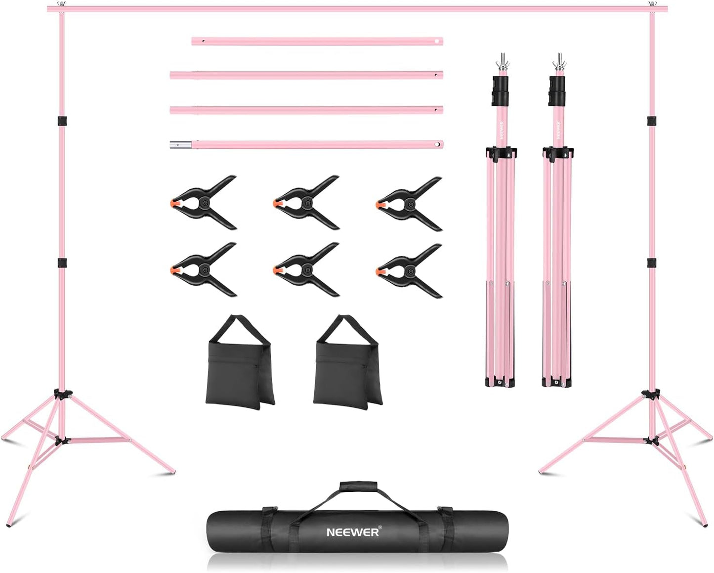 Neewer Photo Studio Backdrop Support System, 10ft/3m Wide 6.6ft/2m High Adjustable Background Stand with 4 Crossbars, 6 Backdrop Clamps, 2 Sandbags, and Bag for Portrait & Studio Photography-Pink