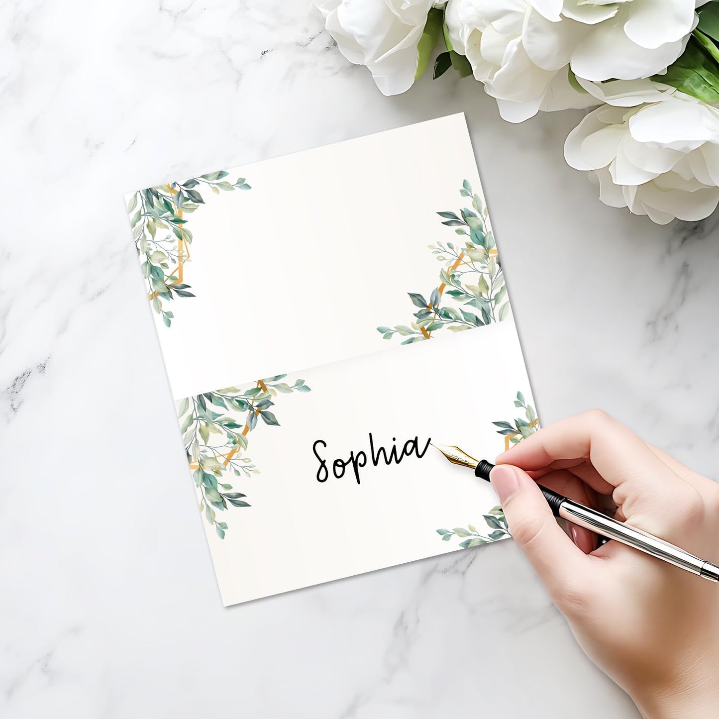 25 Pack Greenery Place Cards, Editable Name Cards for Table Setting, Tent Cards Food Label for Dinner Party, Bridal Shower, Wedding, Baby Shower and Events -T08