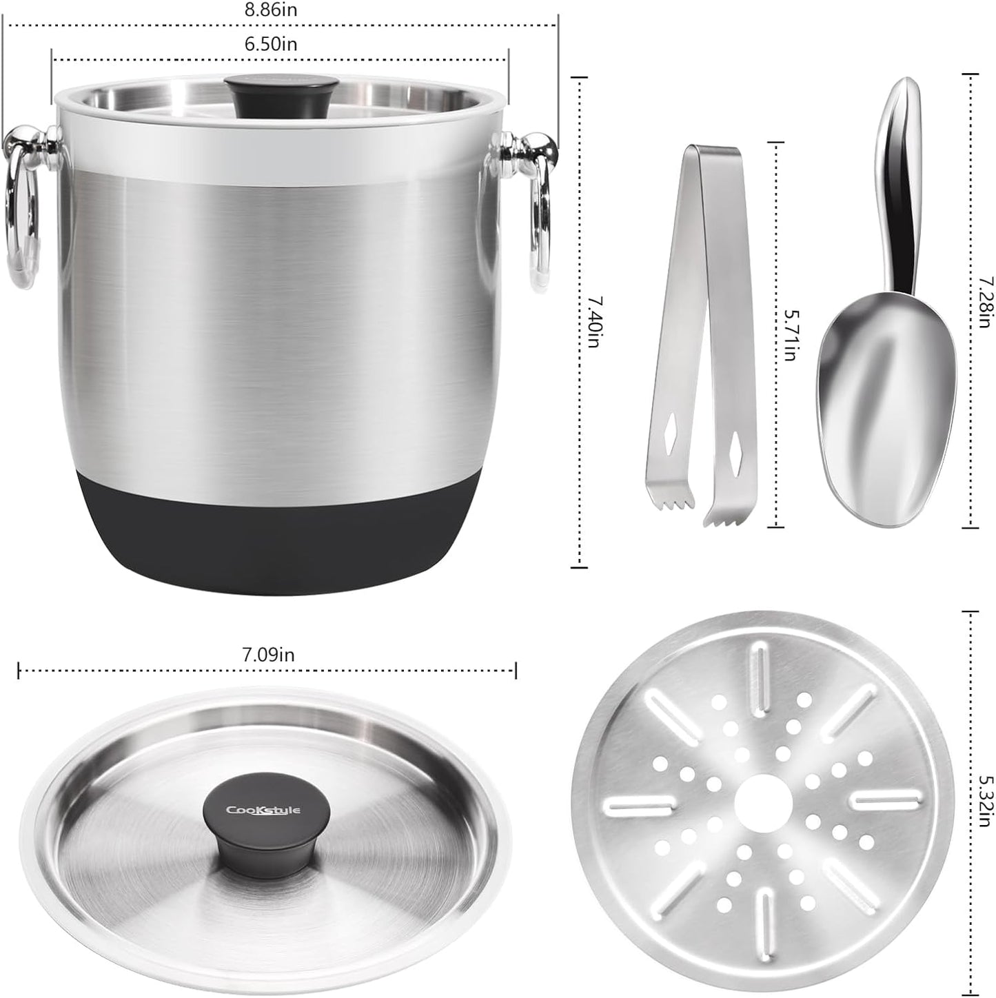 Double-Wall Stainless Steel Insulated Ice Bucket With Lid & Ice Tong [3 Liter] Included Strainer Keeps Ice Cold & Dry, Home Bar, Chilling Beer, Champagne, Wine Bottle