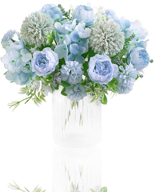 Artificial Flowers, Fake Peony Silk Hydrangea Bouquet Decor Plastic Carnations Daisy Realistic Flower Arrangements Wedding Decoration Table Centerpieces,for Home Office Party Decor 2 Pcs(Blue)