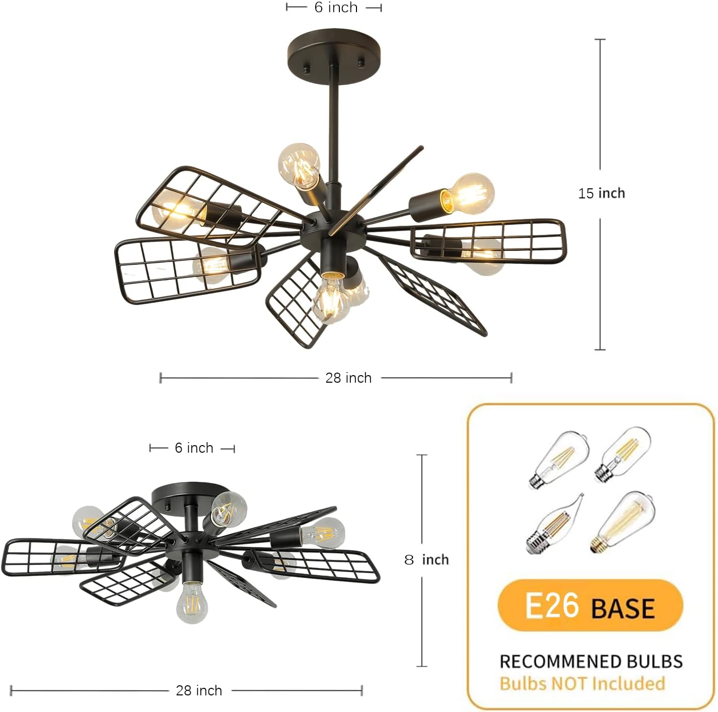 Modern Farmhouse Chandelier,28 Inch Black Metal Geometry Rustic Vintage Semi Flush Mounted Ceiling Light Fixture for Dining Room Bedroom Kitchen Island Hallway Foyer Entryway(7-Light)