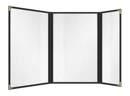 Goodsmart Restaurant Menu Covers – 25 Pack Black 6 Views Trifold, Side-Loading Menu Holders, Vinyl & Plastic Menu Covers, Clear Menu Sleeves, 8.5" x 14" & 4.25" x 14", Café Style with Gold Corners