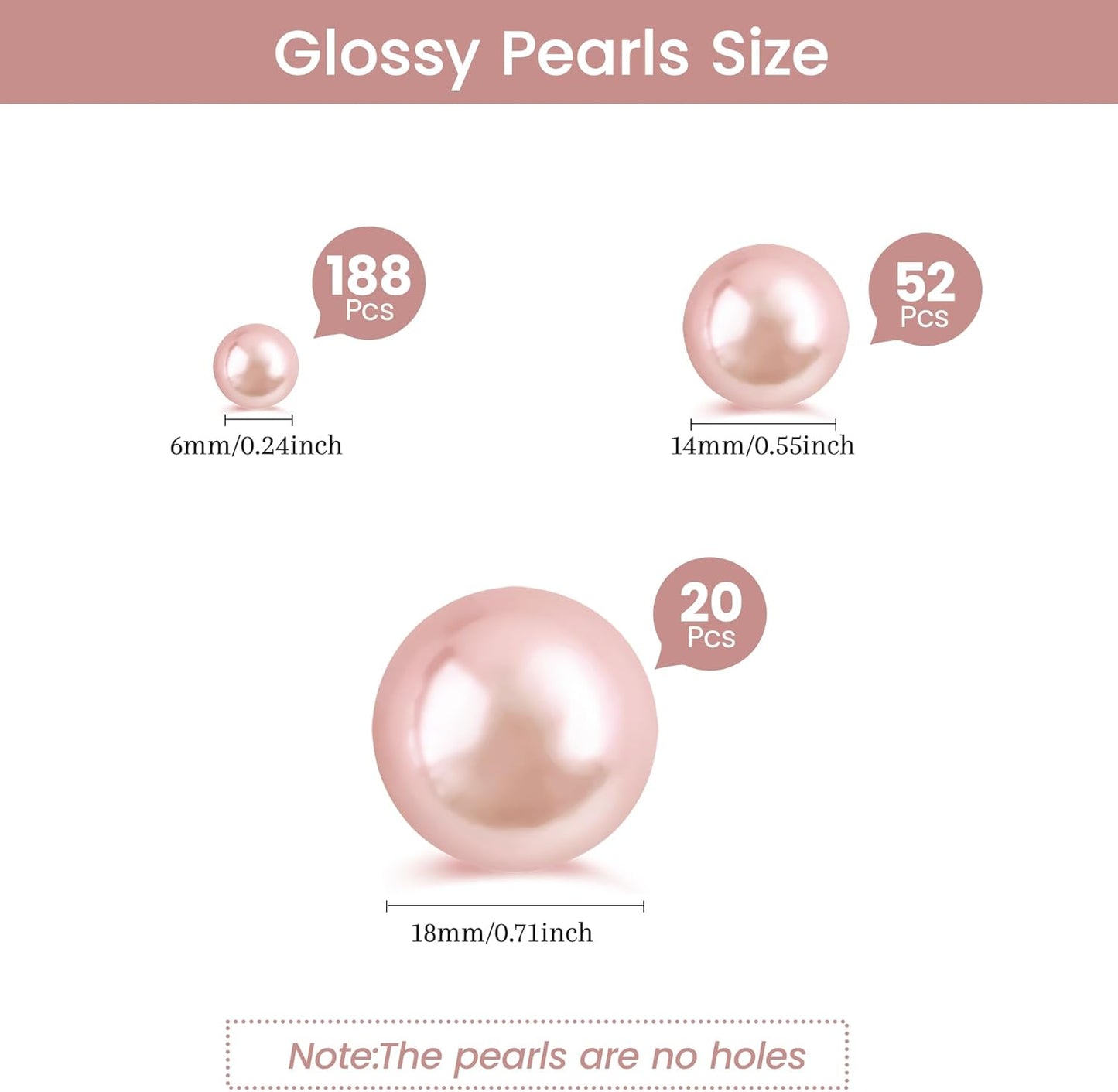 260Pcs Rosegold Glossy Beads for Centerpiece Decor, Artifical Pearls Vase Filler, Makeup Brush Beads, No Hole Round Pearl Beads for Wedding Birthday Christmas Party Home Decor(18mm 14mm 6mm)