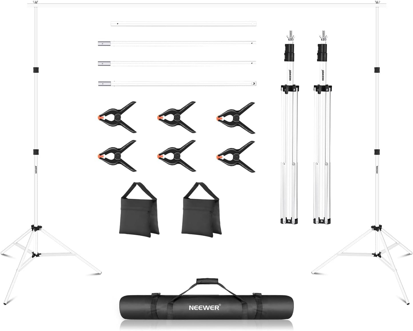 Neewer Photo Studio Backdrop Support System, 10ft/3m Wide 6.6ft/2m High Adjustable Background Stand with 4 Crossbars, 6 Backdrop Clamps, 2 Sandbags, and Bag for Portrait & Studio Photography-White