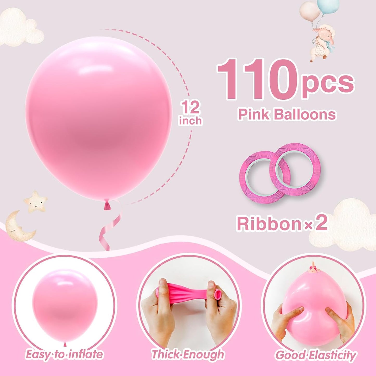 110pcs Pink Balloons 12 Inch Pink Latex Balloon Garland Arch Kit for Birthday Baby Shower Anniversary Graduation Wedding Party Decorations