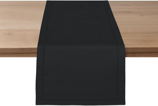 Ruvanti Linen Table Runner 108 Inches, Classic Hemstitch, Washable, Reusable, Non-Slipping, Stain Resistant- Perfect for Parties, Weddings, Dinners, Thanksgiving, Christmas, Indoor use – Black