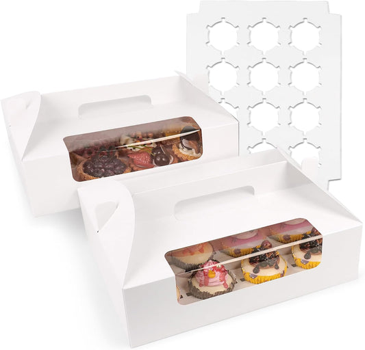 White Cupcake Boxes 12 Count, 30 Pcs Cupcake Containers with Handle, Window, and Inserts – Holds 360 Standard Cupcakes, Food-Grade Gable Boxes for Muffins, Cakes, and Party Desserts