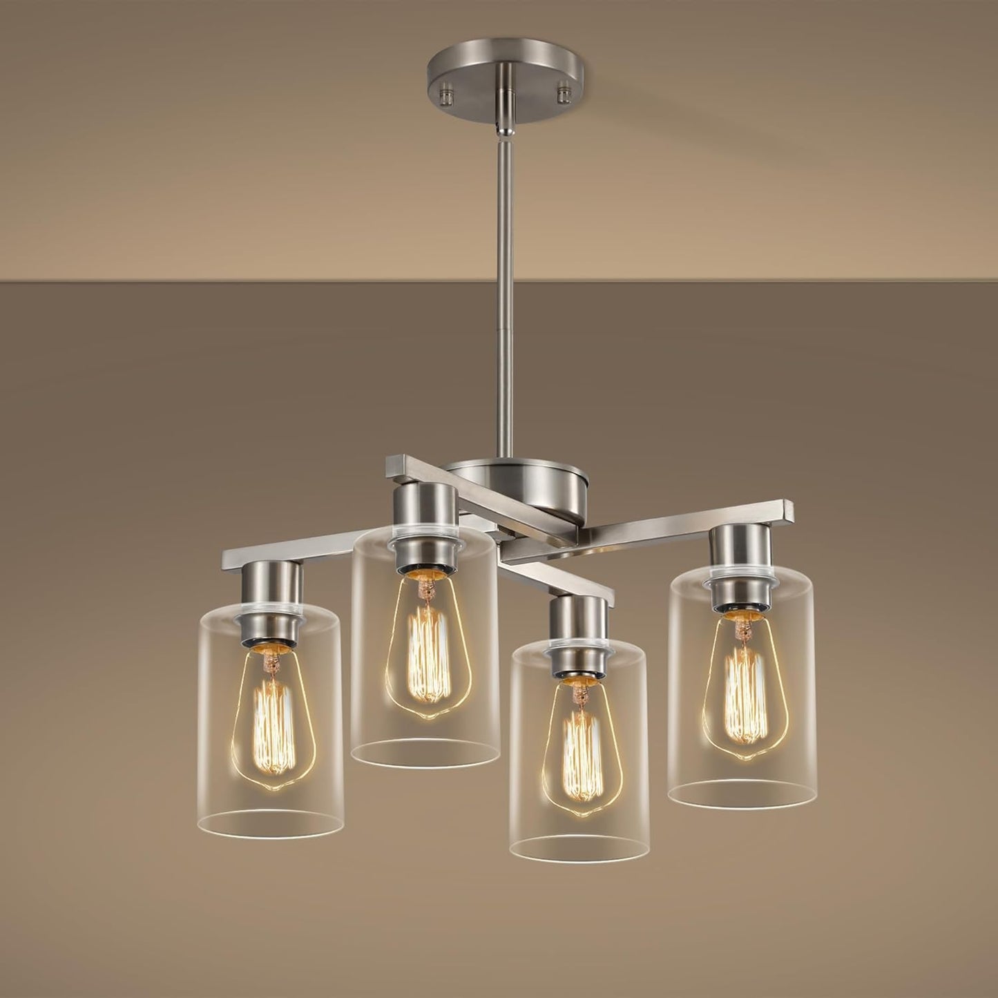 4-Light Modern Farmhouse Brushed Nickel Chandelier, Dining Room Light Fixture Over Table Adjustable Height Hanging Industrial Pendant Lights Kitchen Island, Clear Glass Shade