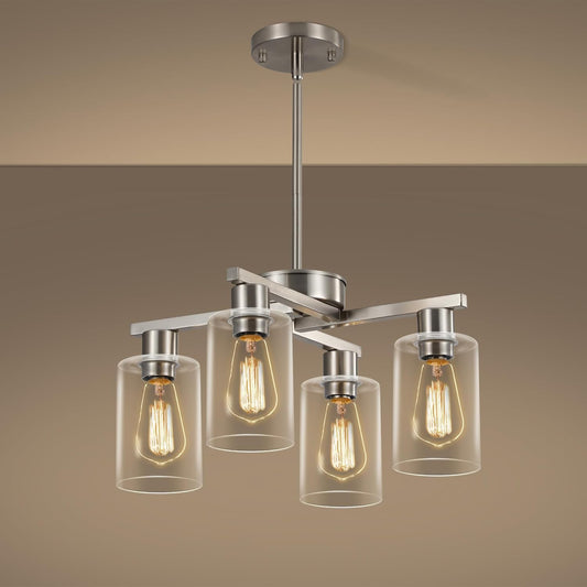 4-Light Modern Farmhouse Brushed Nickel Chandelier, Dining Room Light Fixture Over Table Adjustable Height Hanging Industrial Pendant Lights Kitchen Island, Clear Glass Shade