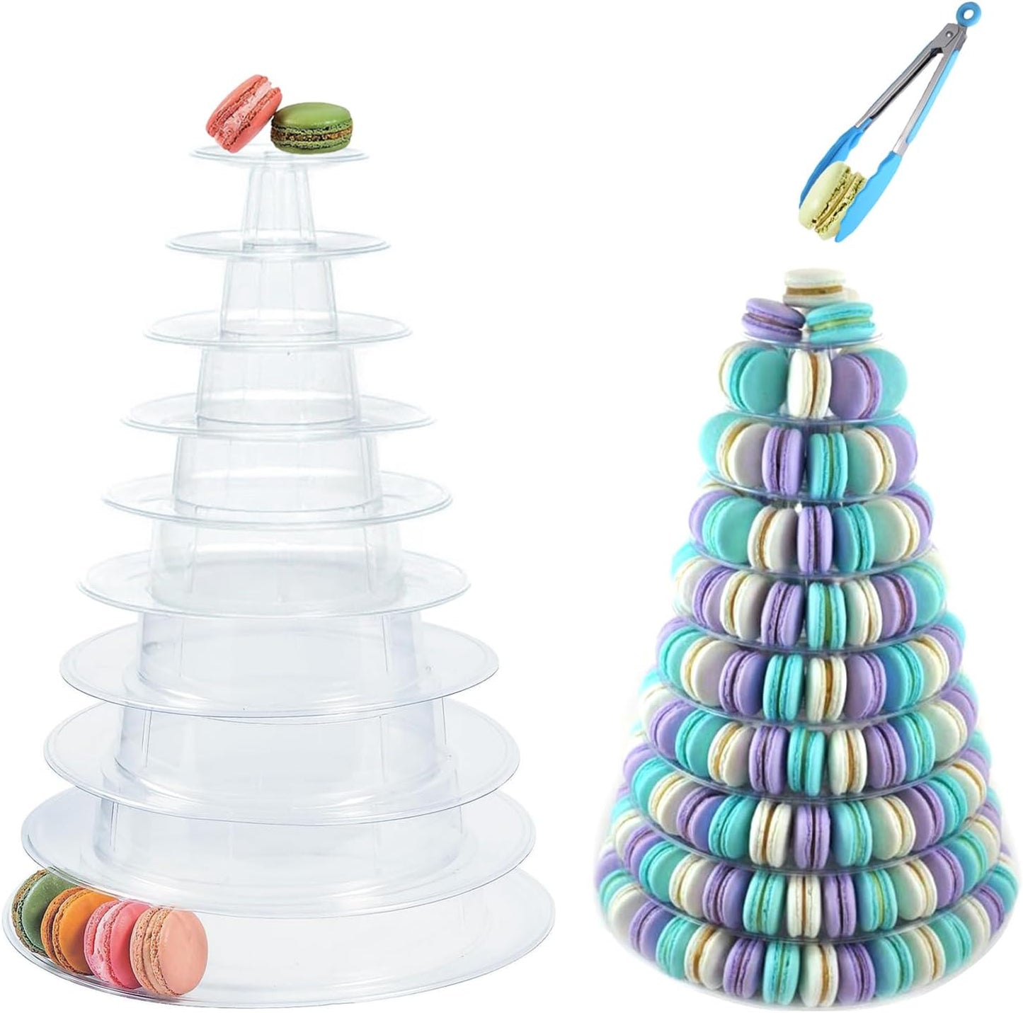 10 Tiers Macaron Tower Stand, Macaroon Tower Stand with Tongs Round Cupcake Cake Stand Desserts Display Holder Platter for Baby Shower, Birthday, Wedding, Party Decor (10-Tiers with Tongs)