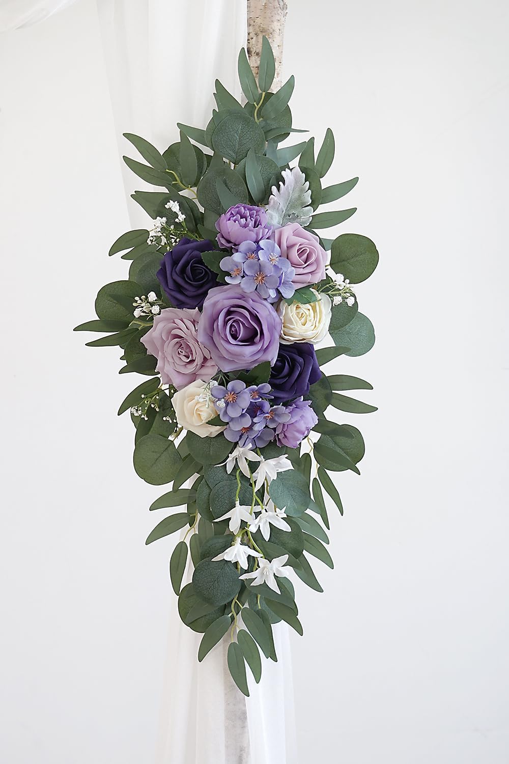 Lilac Artificial Wedding Arch Flowers Kit (Pack of 3) with 26Ft White Shiny Arch Draping Fabric for DIY Wedding Party Ceremony Reception Backdrop Floral Decoration