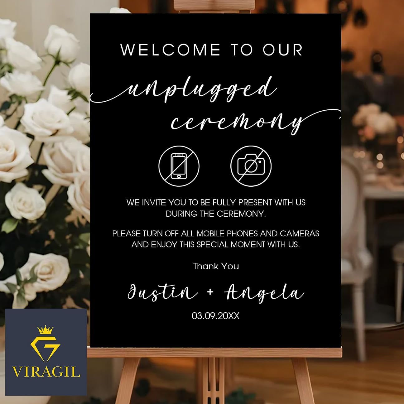 Wedding Unplugged Ceremony Yard Sign – No Phones or Cameras Icon – Outdoor Sign Personalized – Acrylic or Corrugated