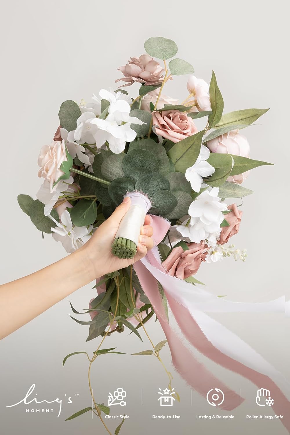 Ling's moment Dusty Rose Bridal Bouquet Cascading, Pink Wedding Bouquets for Bride, 15 Inch Bride Bouquet Orchids Artificial Wedding Flower Bouquet