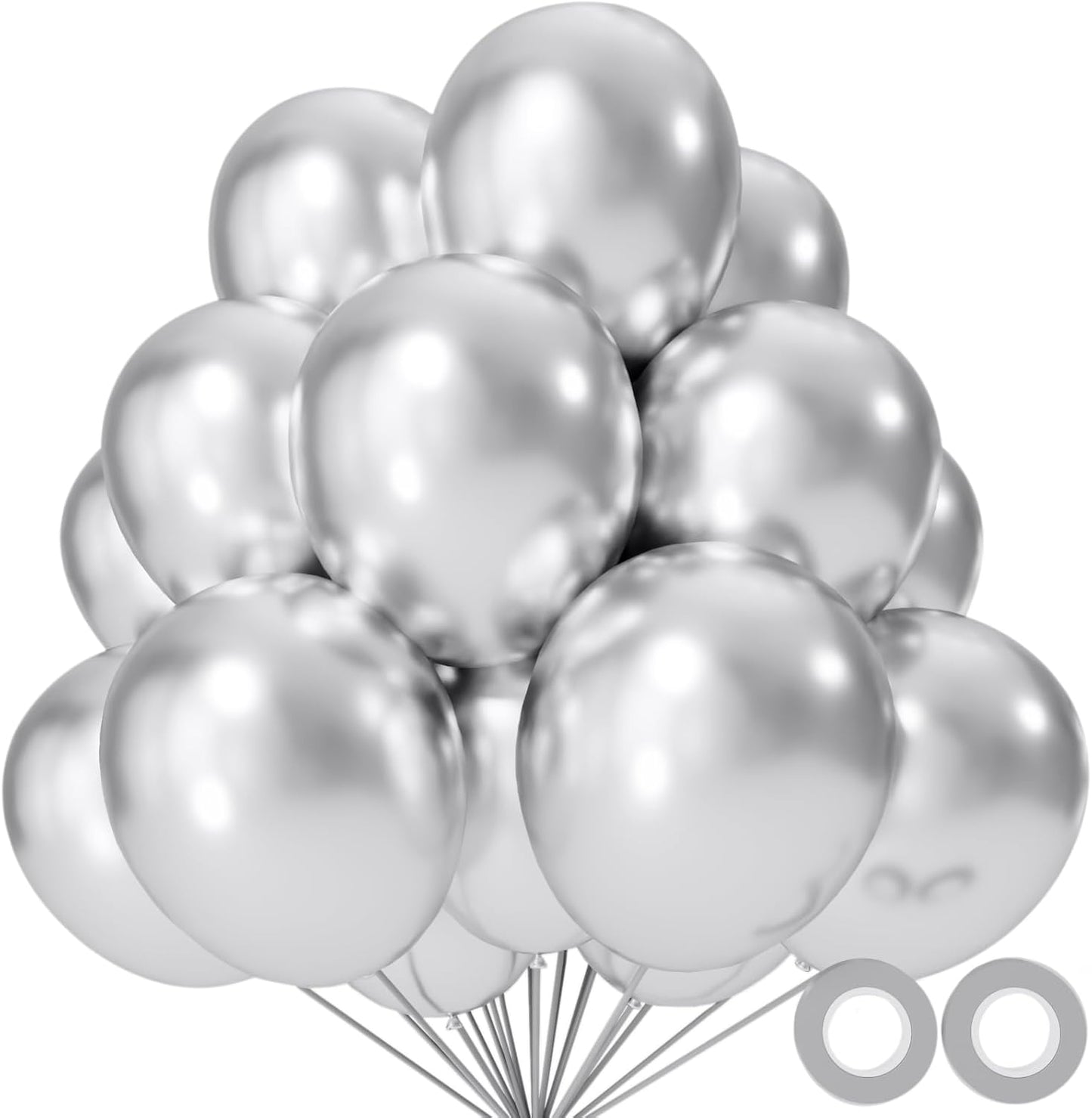 110pcs Metallic silver Balloons, Metallic silver Latex Balloons 12 inch, silver Balloon for Birthday Party Baby Shower Wedding(with 2 Ribbons).