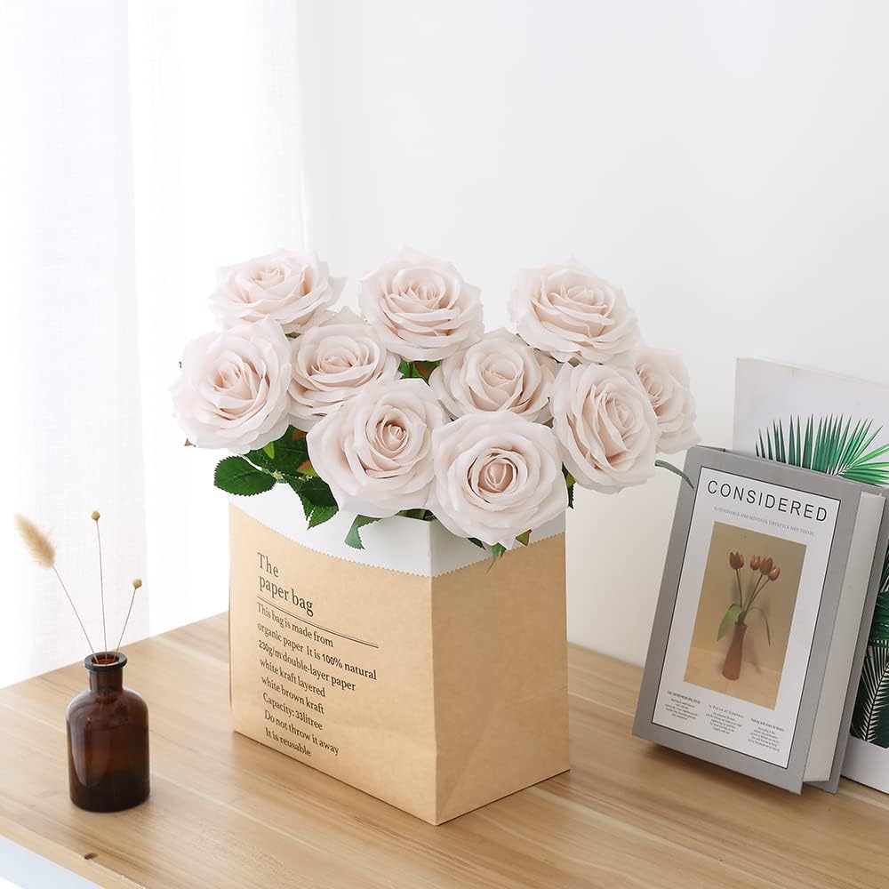 Artificial Rose 10pcs Open Flower Bouquet Faux Rose Stems for Wedding Arrangement, Bridal Bouquet, Centerpiece, Fake Faux Silk Flowers (Nude)