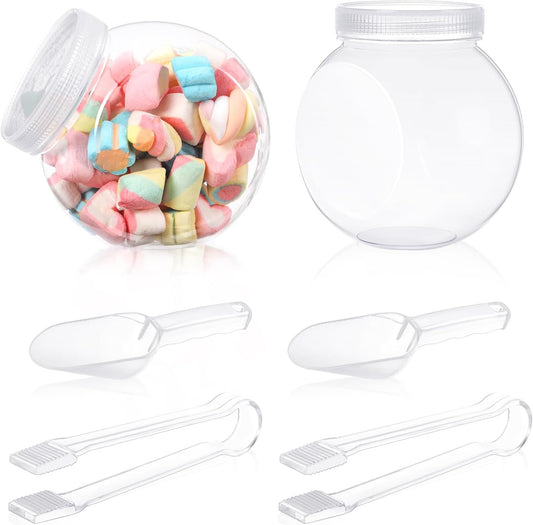 Sunnyray 6 Sets 51 oz Plastic Candy Jars for Candy Buffet with Lids Clear Bar Jars with Scoops and Tongs Kitchen Office Party Cookie Storage Containers for Dry Food Snacks Candies Cookies Coffee Pods