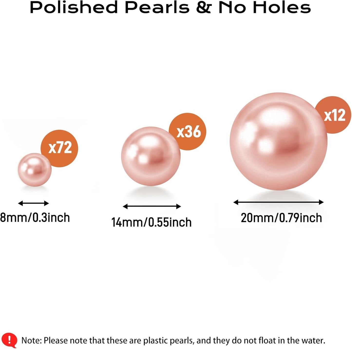 120 PCS 8/14/20mm No Hole Polish Pearl Beads for Centerpiece, Rose Gold Beads Decorative Vase Fillers, Plastics Pearls for Vases, Table Scatters, Wedding Party Decor