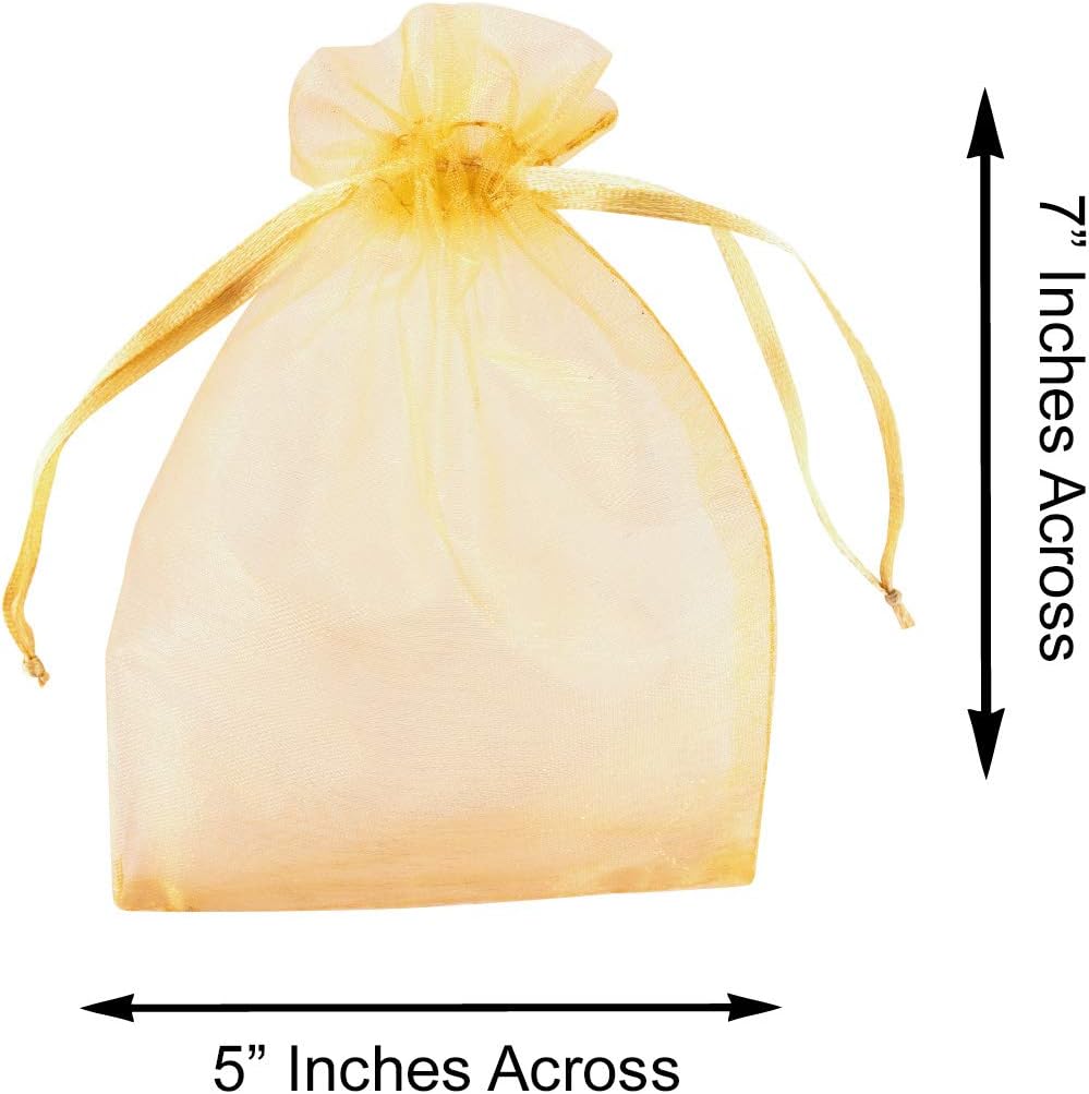 Super Z Outlet 100 Pack 5x7 Inch Mini Sheer Drawstring Organza Transparent Bags Jewelry Sack Pouches for Wedding, Party Decorations, Arts & Crafts Gifts (Gold)