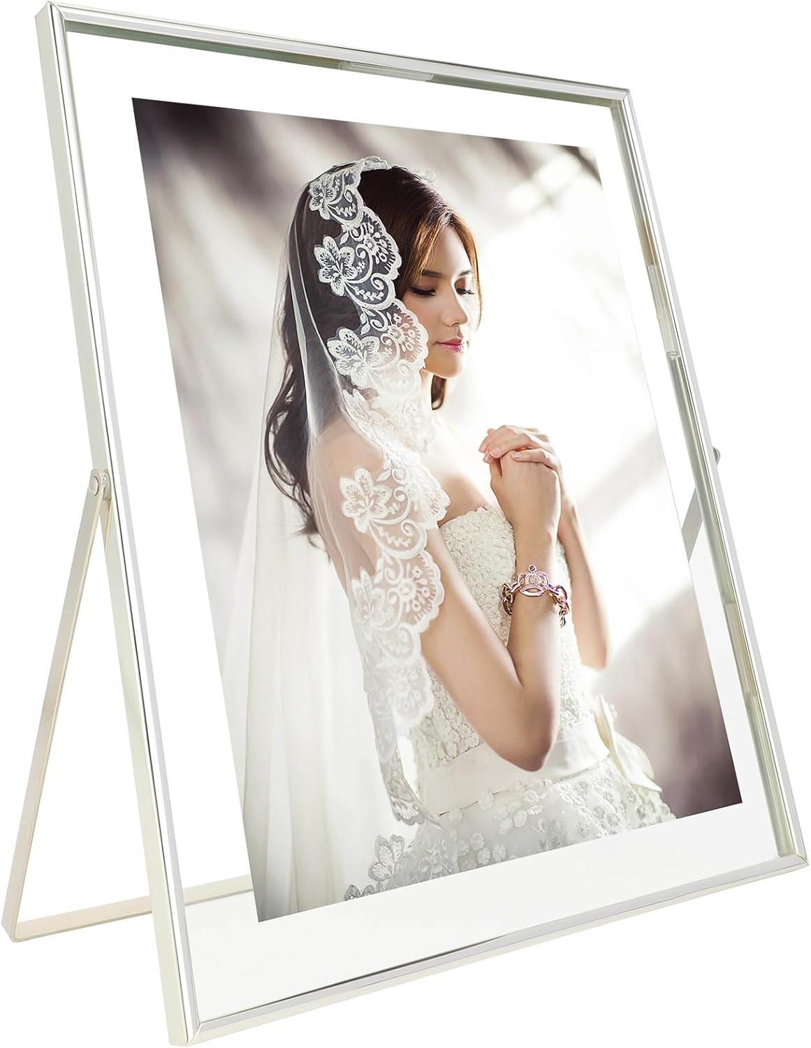 Silver Floating Frame (10"x12", Vertical), For Picture 9x11, 8.5x11, 8x10, Tabletop Shelf Photo Frame, Classy Gift For Festival, Wedding, Home or Office Décor