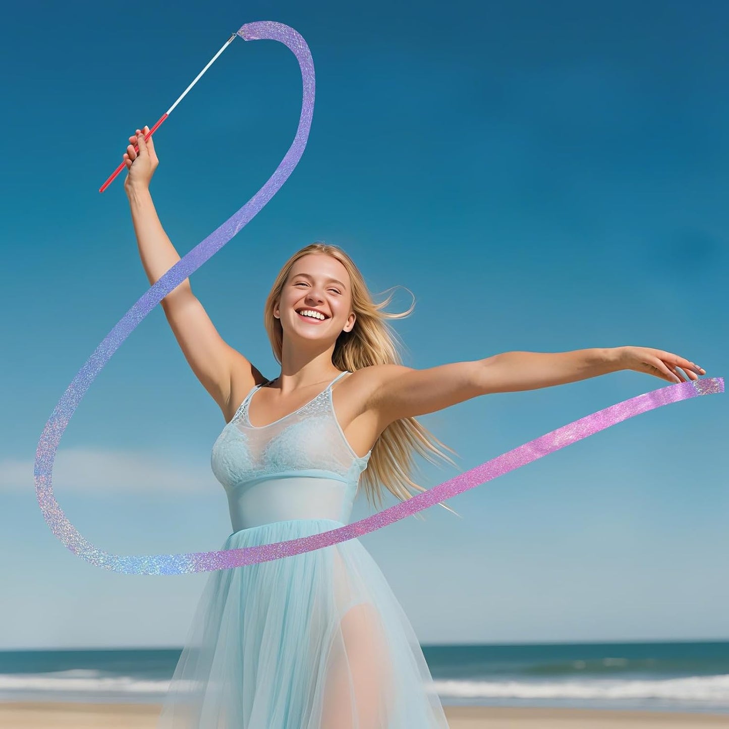 24 Pcs Sparkling Dance Ribbon for Kids Rhythmic Gymnastics Birthday Party Favors Twirling Streamer for Girl Princess Artistic Dancing Outdoor Game Supplies(Gradient Blue Purple)