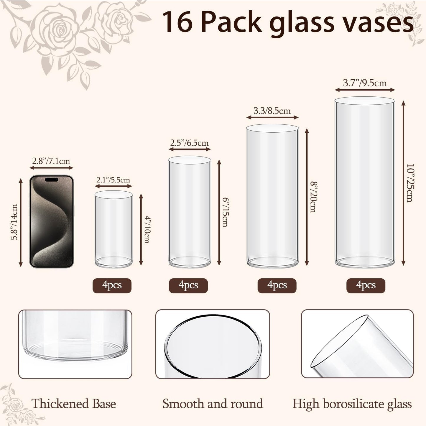 16 Pack Glass Cylinder Vases 4, 6, 8, 10 Inch Tall Clear Flower Vases for Table Centerpieces Wedding Decoration, Hurricane Floating Candle Holder for Party Home Decor