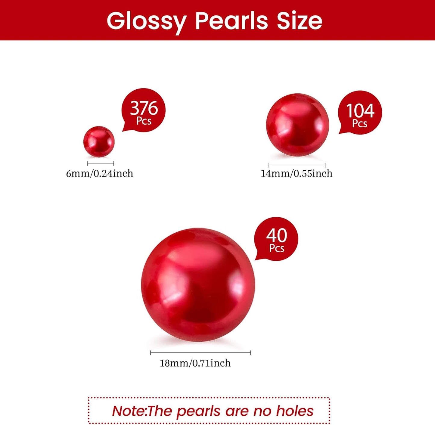 520Pcs Red Glossy Beads for Centerpiece Decor, Artifical Pearls Vase Filler, No Hole Round Pearl Beads for Wedding Birthday Christmas Party Home Decor(18mm 14mm 6mm)