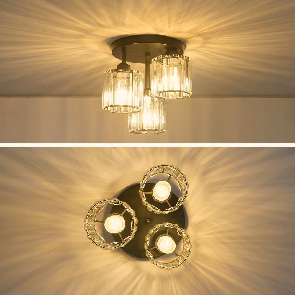 Crystal Semi Flush Mount Ceiling Light, 3-Light Modern Close to Ceiling Light Fixtures, Black Kitchen Light Fixtures with Clear Crystal Shade, Hallway Light Fixtures for Hallway Bedroom Bathroom, E26